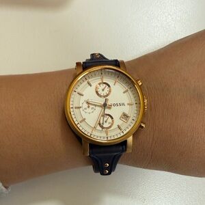 Fossil Rose Gold Case Navy Leather Strap Chronograph Watch